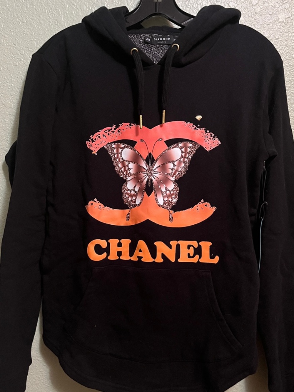 Diamond Supply Co. Black Hoodie with Orange and Pink Butterfly Graphic XS